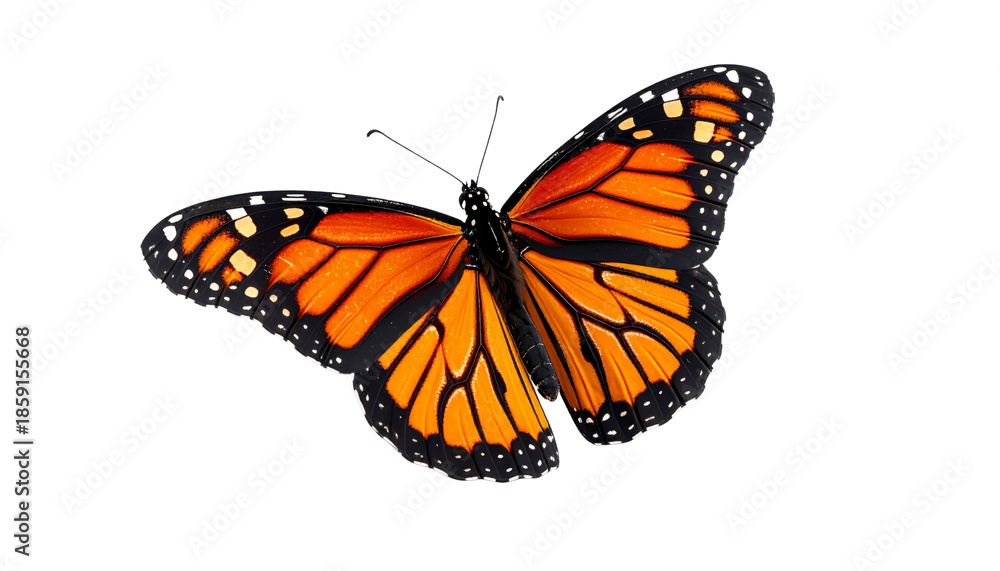 Obraz premium Bright orange and black monarch butterfly showcasing its elegant wings isolated on black
