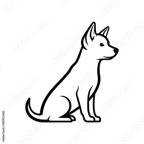 Clean line art graphic depicting a loyal and attentive domestic dog sitting calmly, perfect for pet-related designs and branding