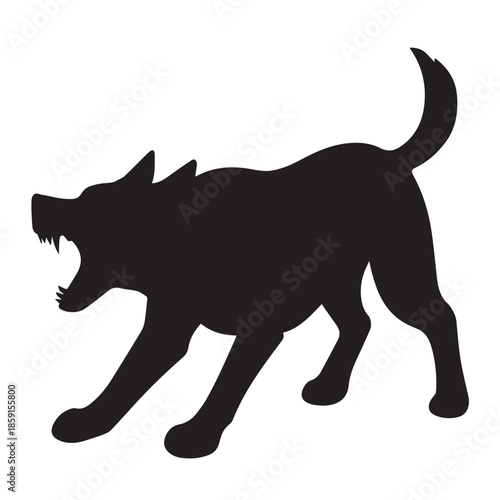 Silhouette of angry dog snarling fiercely on white background