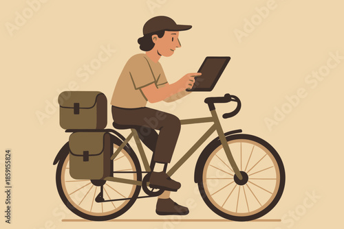 Delivery Person Navigating with Tablet on Bicycle with Cargo.
