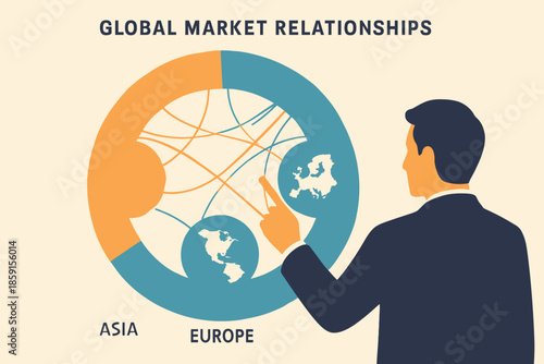 Global Market Relationships Visualized with Man Pointing to Europe.