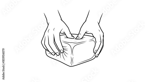 A black and white illustration depicts two hands holding and gently compressing a soft, cubic object, wrinkles on the surface