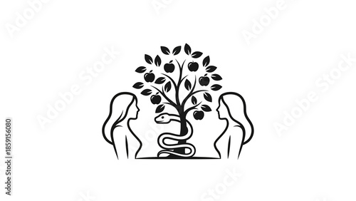 A black and white illustration depicts two female figures flanking a tree laden with apples, with a serpent coiled around the trunk