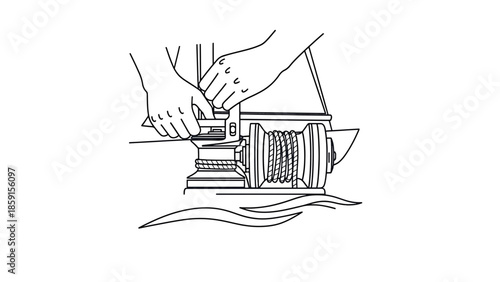 A black and white illustration depicts two hands operating a winch with coiled rope. The scene includes the waves