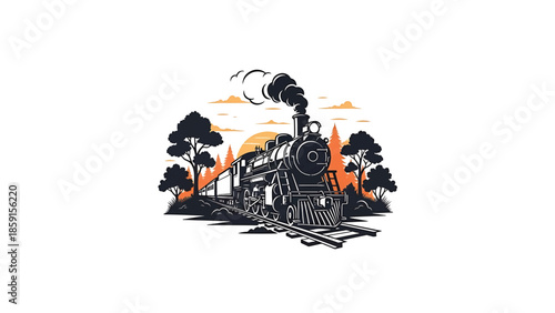 A black and white illustration of a classic steam locomotive against a backdrop of trees, an orange sky, and setting sun