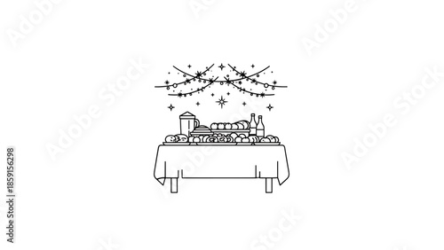 A black and white illustration of a festive table. Food, drinks, and a star-decorated string are on the table