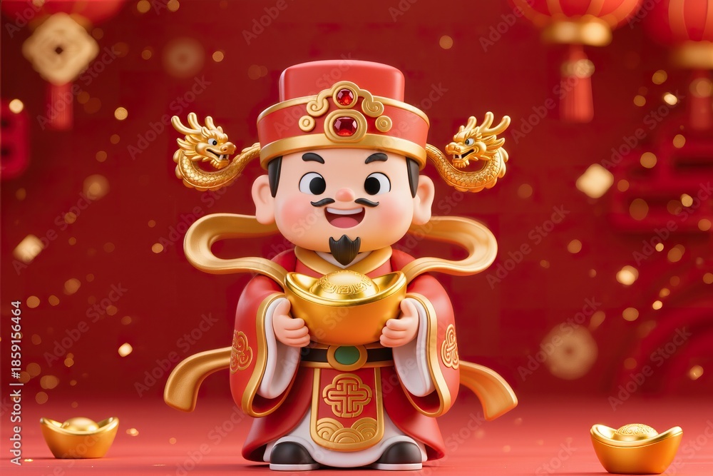 Fototapeta premium Premium 3D chibi wealth god illustration, luxury Asian festive costume, detailed gold ornaments, cheerful expression, red background