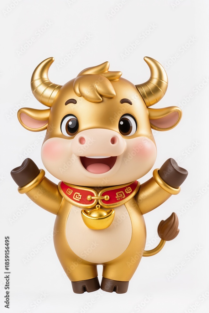 Obraz premium Cute chibi golden ox character, 3D illustration, Asian zodiac style, festive red and gold accessories, joyful expression, isolated on white background, stock illustration