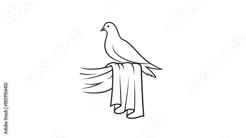 A black and white line art image of a dove perched atop draped fabric, symbol of peace, purity and hope. The bird is facing left