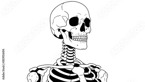A black and white illustration of a human skeletal structure from the skull down to the rib cage. The bones are precisely outlined