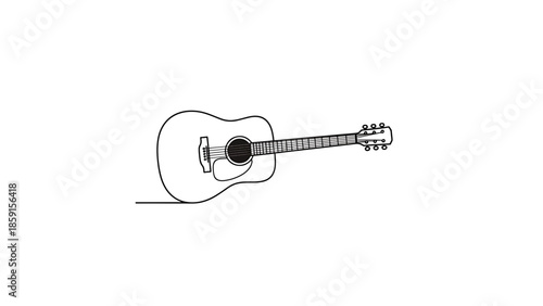 A black and white line art image of an acoustic musical instrument, showing the body, neck, tuning pegs, and sound hole