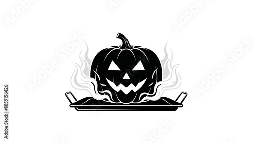 A black and white illustration of a jack-o'-lantern on a tray with smoke surrounding it, a spooky Halloween theme