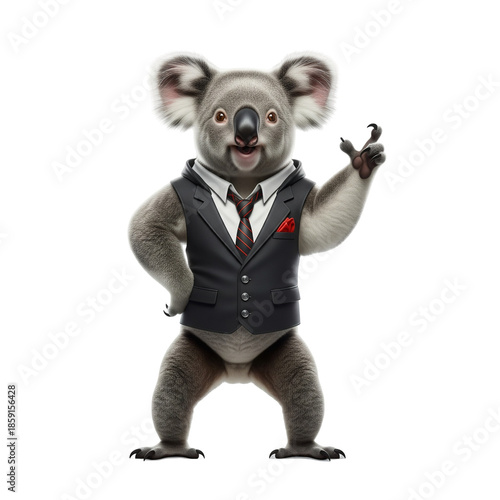 Anthropomorphic Koala in Business Suit Making Peace Gesture