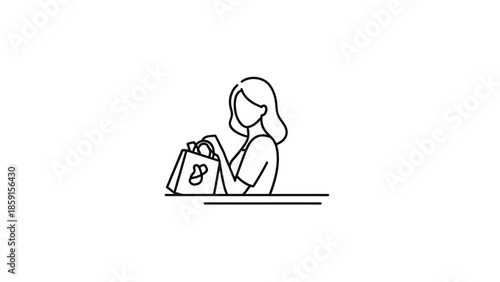 A black and white line drawing depicts a faceless woman holding a shopping bag with a rounded design on it. The bag rests on a surface