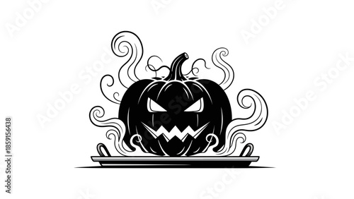A black and white illustration of a jack-o-lantern with a sinister grin and swirling smoke, resting on a tray