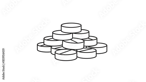 A black and white line drawing depicts a pile of circular objects stacked in an uneven pyramid shape on a white background