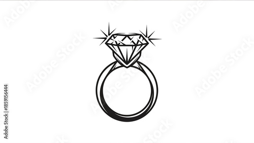 A black and white line art image of an engagement ring with a large, multifaceted gemstone. The ring is set against a plain, white background