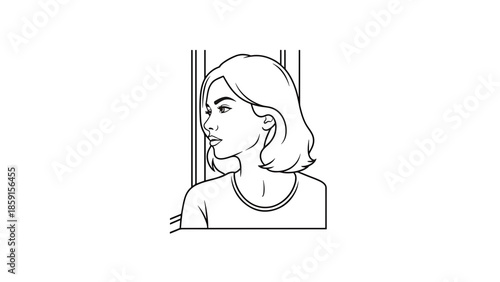 A black and white line drawing depicts a woman's portrait, facing left, with a bob hairstyle, within a window frame