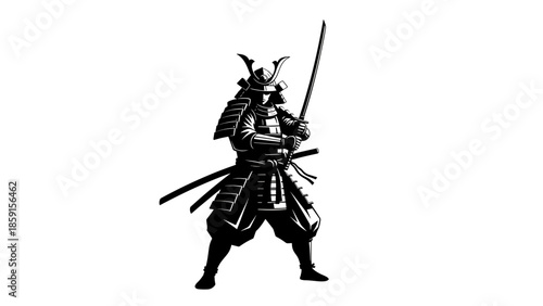 A black and white illustration of a Japanese warrior in traditional armor, holding a katana, preparing for combat with a stern expression