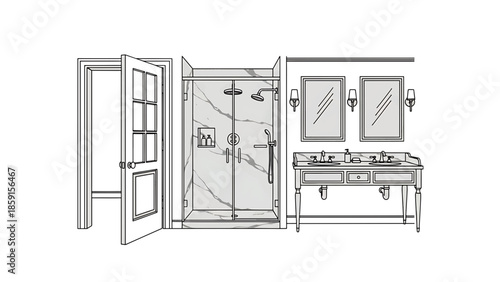 A black and white line drawing illustrates a bathroom design, featuring a shower stall, vanity, and an open doorway. The design is in monochrome
