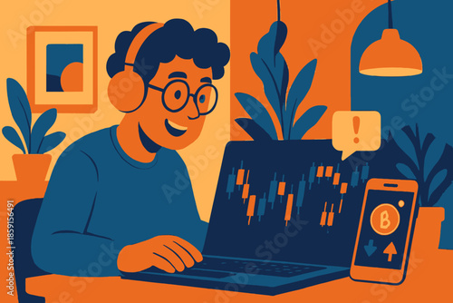 Man with headphones analyzing stock market data on laptop and phone.