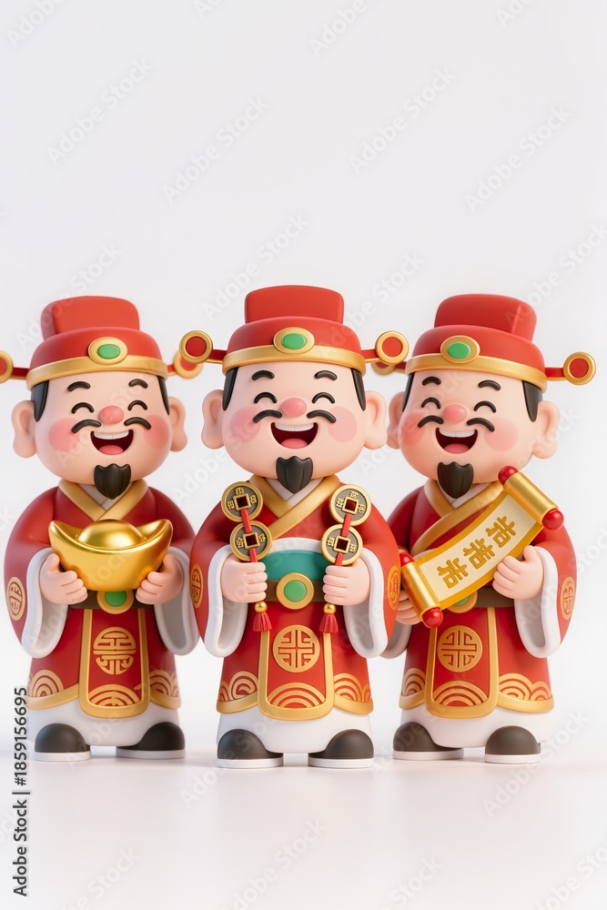Obraz premium Three cute chibi fortune gods standing together, 3D cartoon illustration, traditional Asian festive costumes, red and gold palette, smiling and joyful, symmetrical composition, white background
