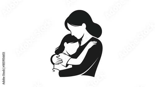 A black and white illustration of a mother hugging a child, depicting warmth and affection. The figures are simplified