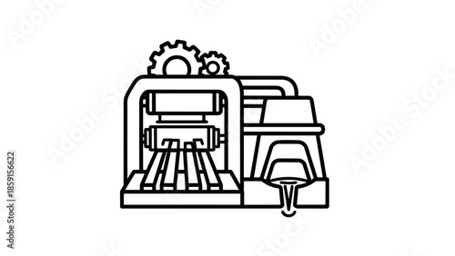 A black and white line drawing of a industrial machine used in manufacturing processes. It features gears, rollers, and a pouring section
