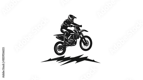 A black and white illustration of a motorcyclist performing a jump, with a stylized jagged shape representing terrain. The image conveys action and speed