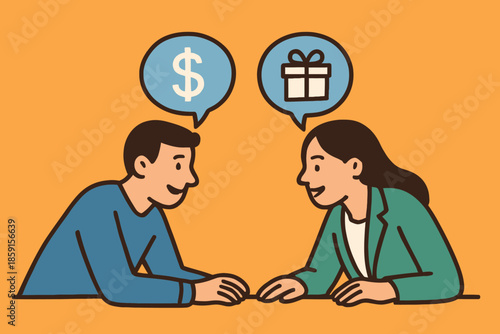 Negotiation Man and Woman Discussing Money and Gifts.