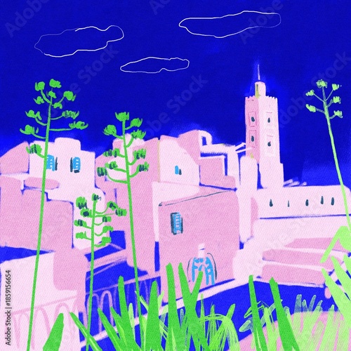 castle on the hill Tunis. Hand drawn illustration. Tunisia.
