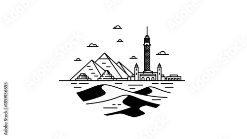A black and white line drawing of a landscape with pyramids, a tower, buildings, sand dunes, and clouds in a simple style