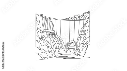 A black and white line drawing of a massive dam structure built between rocky cliffs. Water cascades down the dam's face