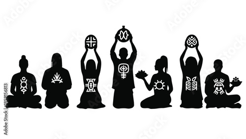 Diverse group of silhouettes in meditative poses, holding symbolic cultural artifacts