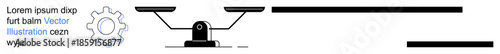 Decision-making, productivity tools, balance, mechanics, workflow, efficiency. A balance scale with mechanical gear and abstract lines with placeholder text. Decision-making and productivity tools