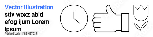 Time management, approval, positivity, nature, productivity, minimalism. Minimalist icons a clock, a thumbs-up hand and a flower. Time management and approval