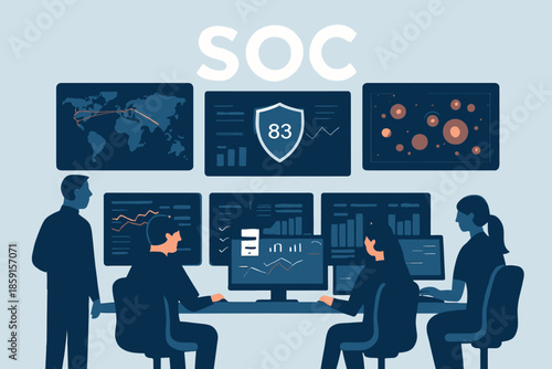 Security Operations Center Team Monitoring Cyber Threats on Multiple Screens.