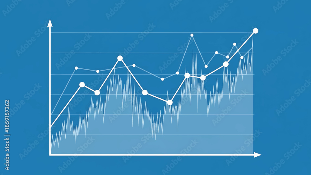 Naklejka premium A blue-toned illustration depicting financial data represented by line and area graphs, depicting trends and changes over a period