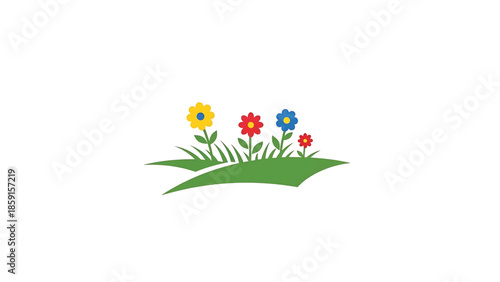 A cartoon depiction of flowers in varied colors growing from grass. The image is on a white background and looks like a graphic