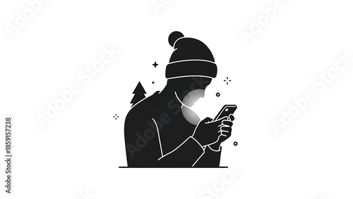 A black and white illustration of a person in winter attire holding a phone, with a pine tree and sparkly details