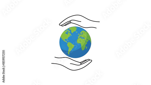 A cartoon depiction of hands cradling the earth. The continents are green, the oceans are blue, set against a white background