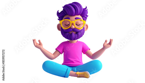 Vibrant 3D man illustration in yoga pose, practicing mindfulness and calm