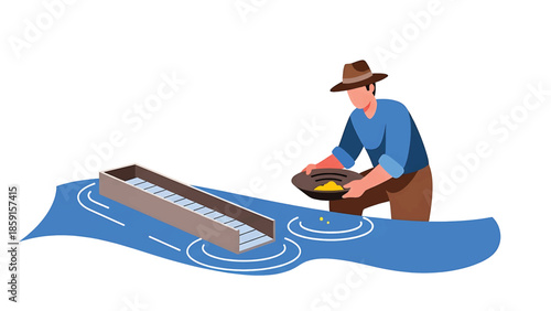 A cartoon depiction of a person panning for gold in a river with a sluice box, demonstrating historical mining methods