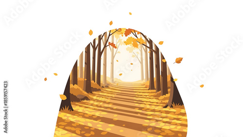 A cartoon depiction of a path lined with trees, covered in fallen leaves, and framed by an arch. Sunlight filters through