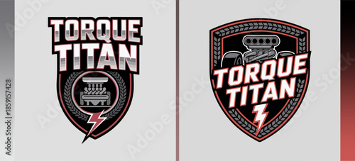 Torque Titan tire crest logos with supercharged engine and lightning bolt, bold automotive performance badge set for muscle car clubs, parts and apparel branding