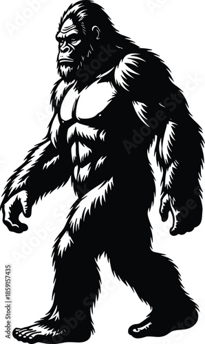 Bigfoot silhouette vector illustration, Sasquatch walking character, legendary forest creature, mythical ape man cryptid, isolated black and white nature art on white