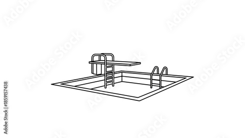A black and white line drawing of a swimming pool with a diving board and ladders on a white background