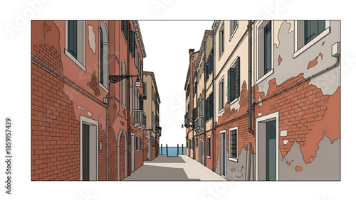 A cartoon depiction of a narrow street lined with aged buildings. The scene shows the perspective towards a body of water in the distance