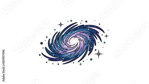 A cartoon depiction of a galaxy, spiraling with shades of blue and purple. Surrounded by stars and dots, on a white background