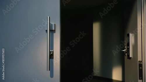 Hand using an RFID card to unlock a modern electronic door with keypad and card reader in a secure building environment
